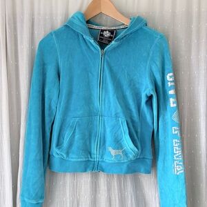 Vintage Y2K Victoria's Secret PINK Blue Velour Zip-Up Hoodie "GIVE 🩷 PINK"